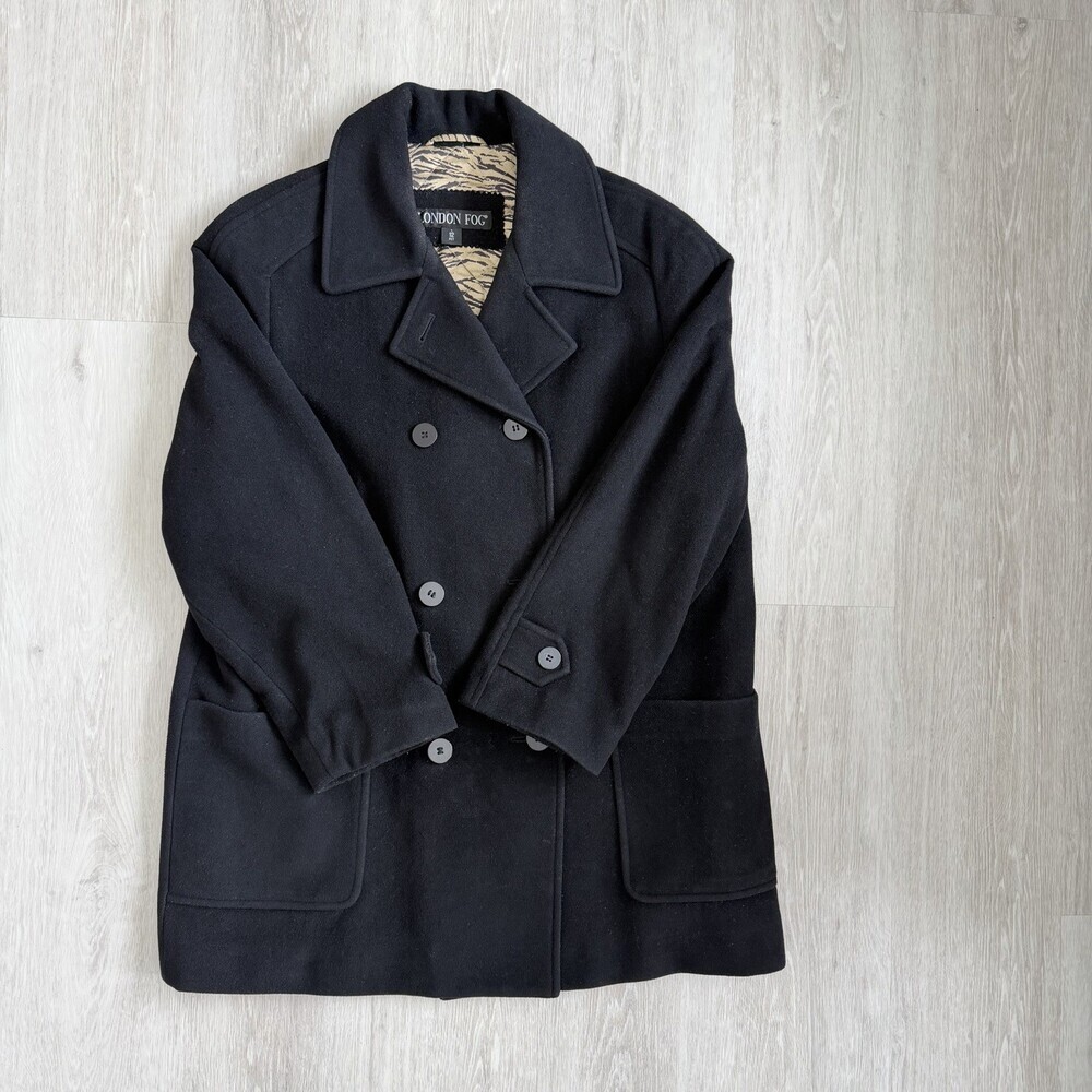 London Fog Deborah Wool Peacoat Black Women's 12 Petite Quilted Tiger Liner VTG